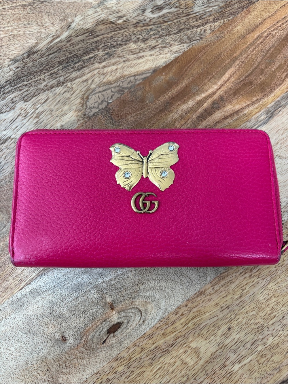 Gucci Hot Pink Leather Butterfly Zip-Around Wallet with Gold Hardware - Picture 1 of 4